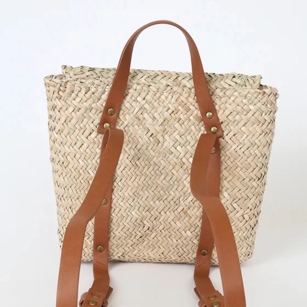 BILLABONG Changing Tides Straw Packpack Woven Tan Backpack Faux Leather Straps